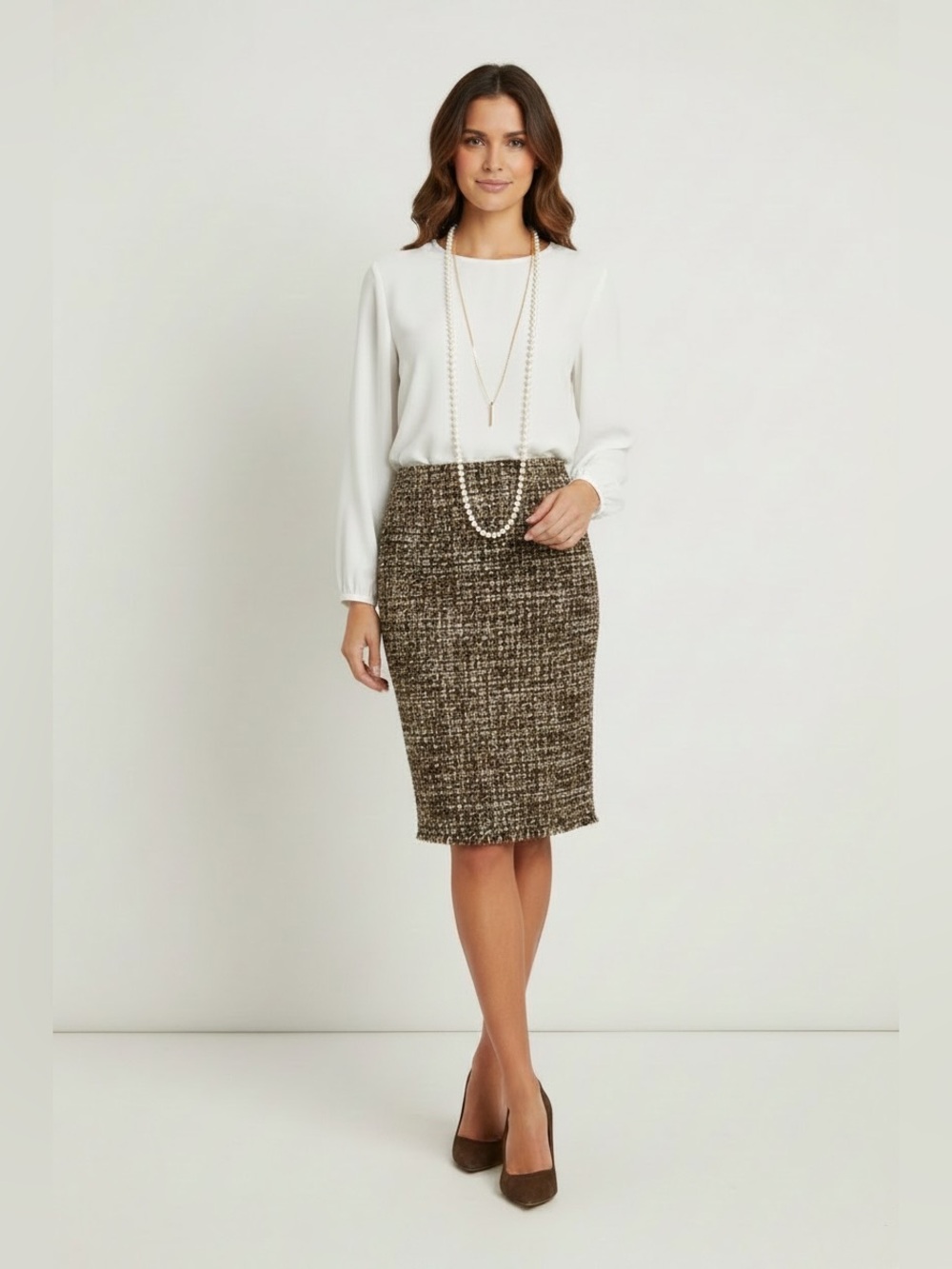 PRESTON & YORK Brown Multi Suzanne Boucle Tweed Pencil Skirt Sz 18 XL NWT